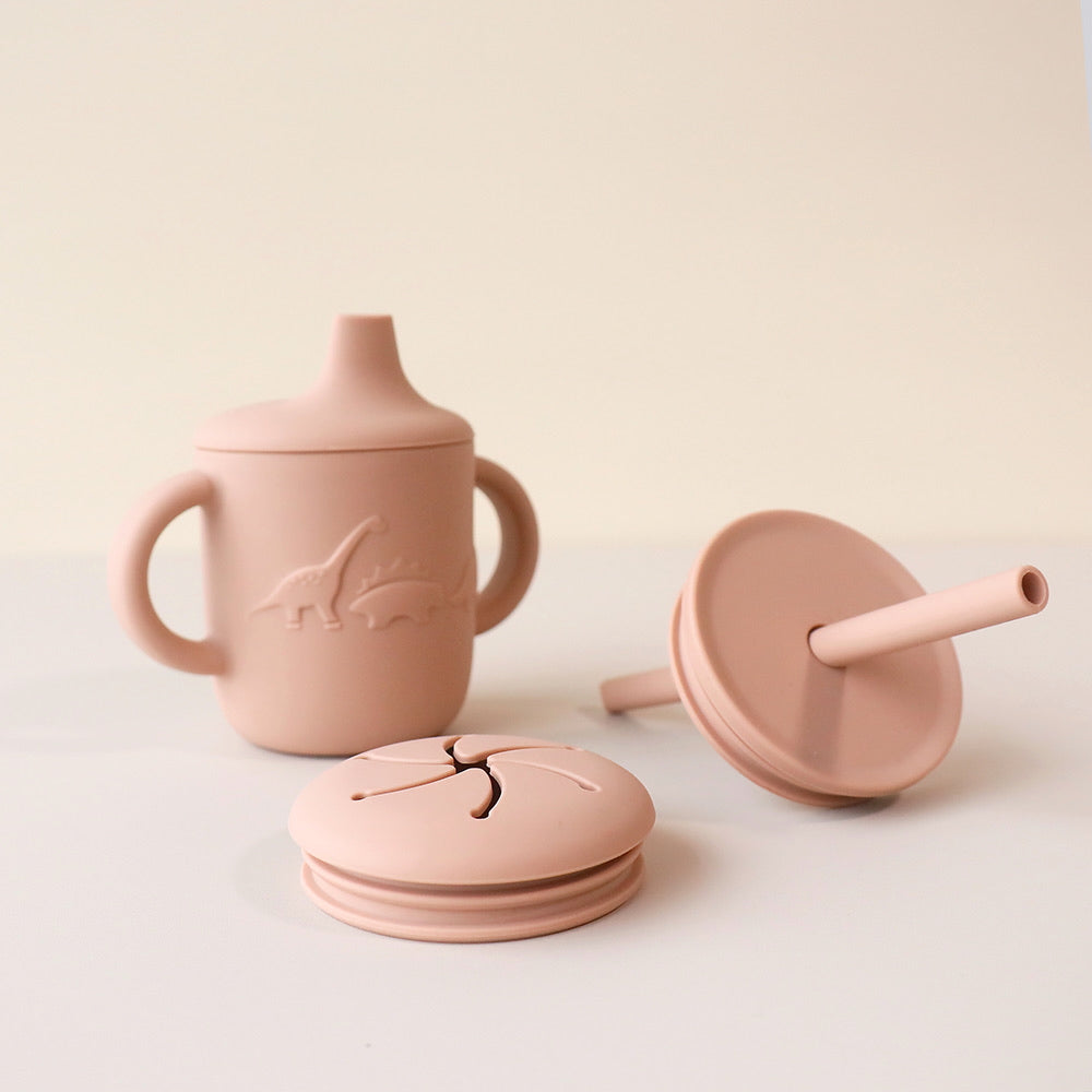 pickle and bear dinosaur embossed sippy cup with 3 lids rose dust