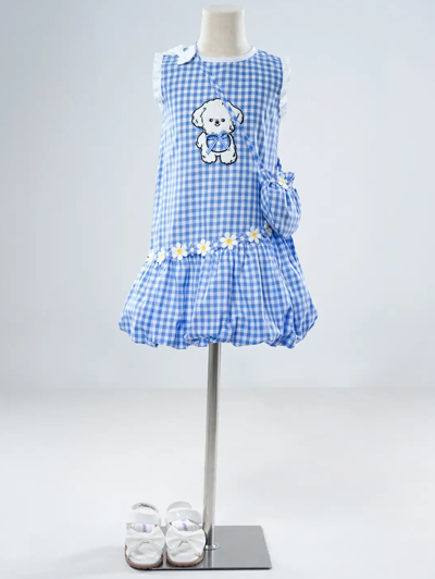 Puppy Applique Checkered Dress
