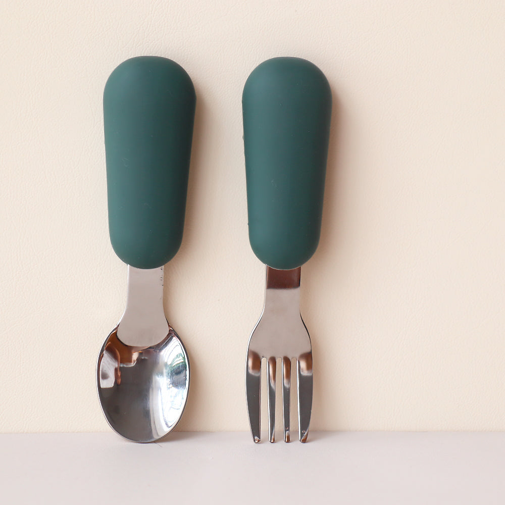 Baby Cutlery Set Metal Spoon And Fork Forest Green