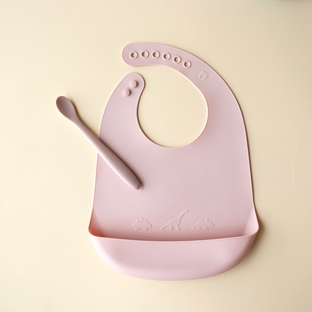 Baby Dino Bib and Spoon Set - Hushed Plumb - Pink