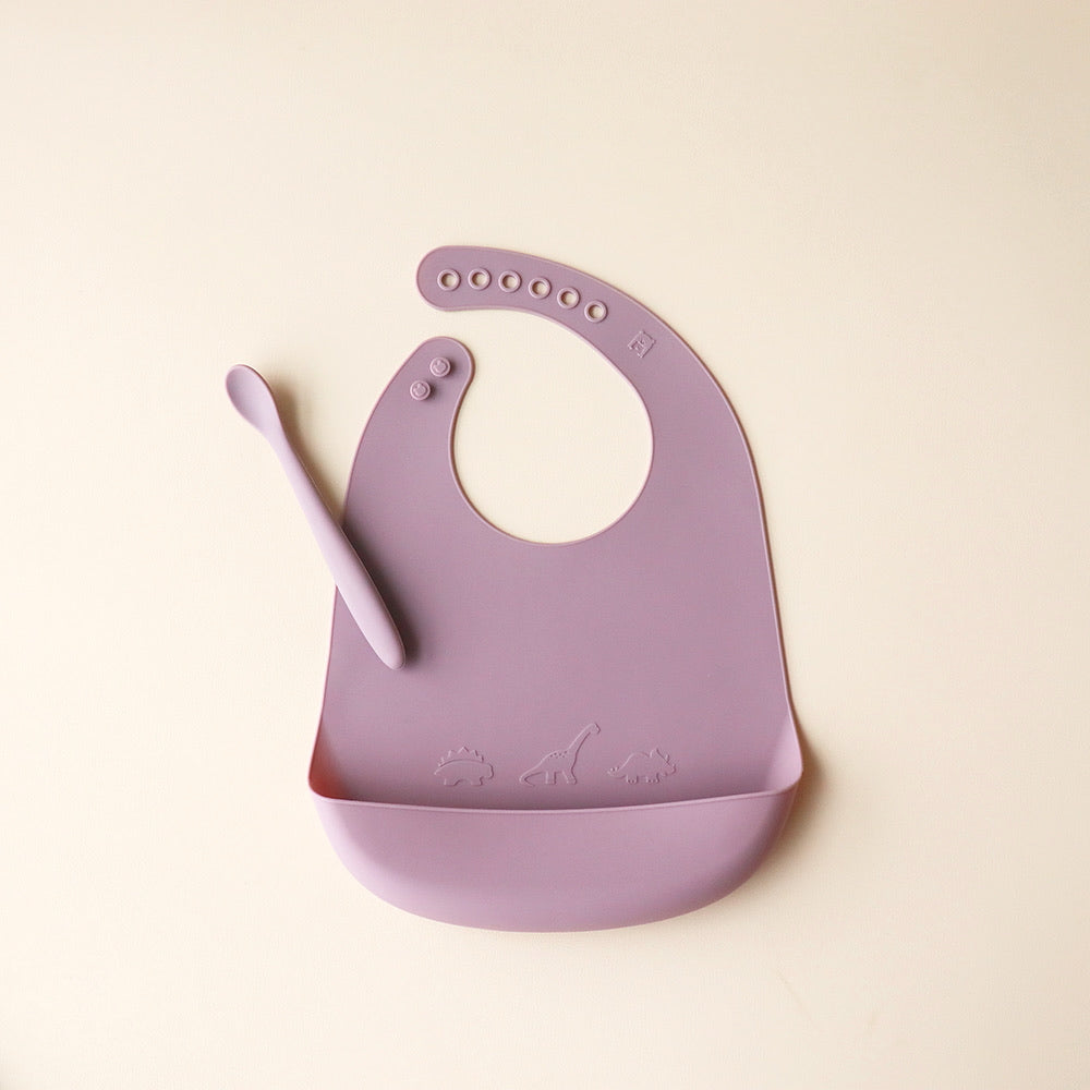 Bib and Spoon Set dino hushed plumb