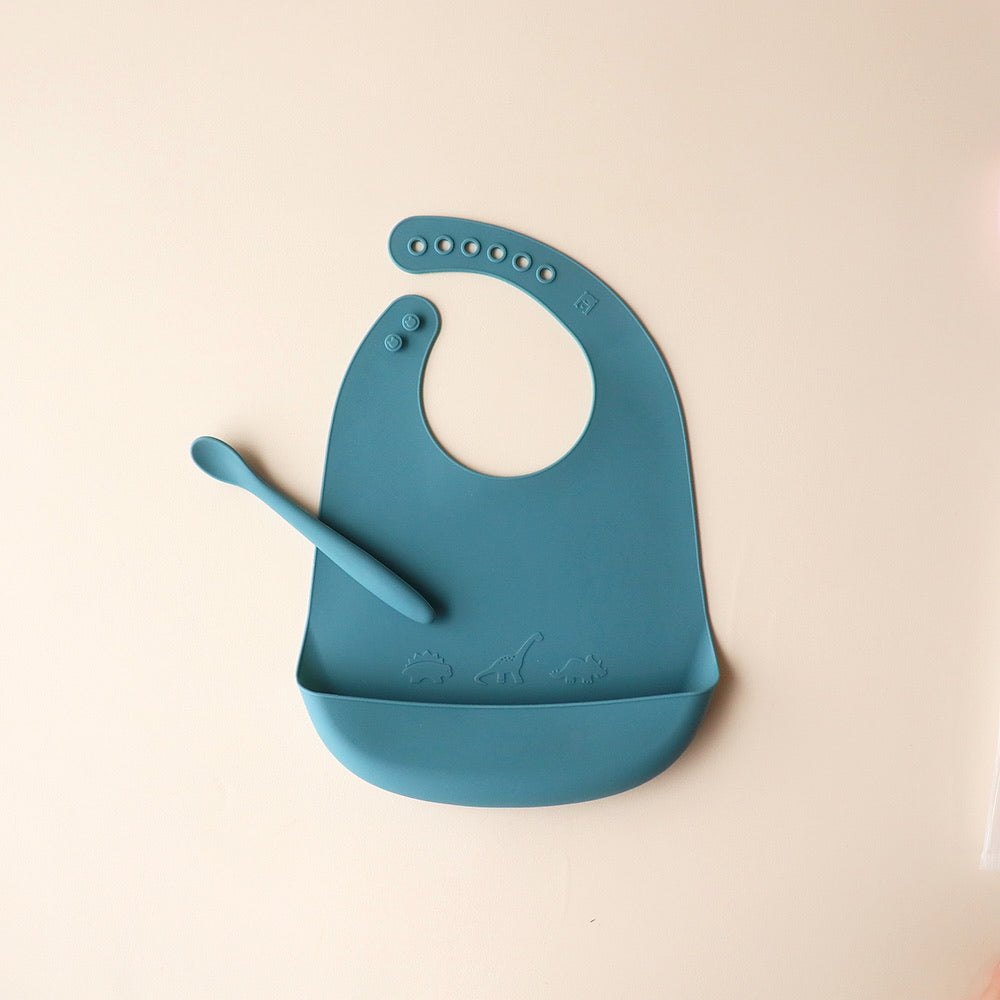 Bib and Spoon Set dino smoke blue