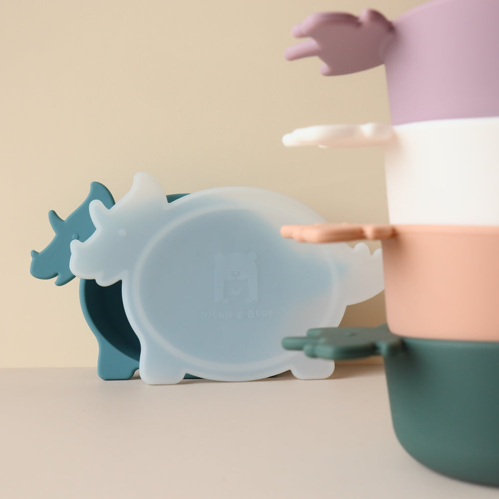 Kids Triceratops Dino Bowl with Lid Cute Smoke Blue