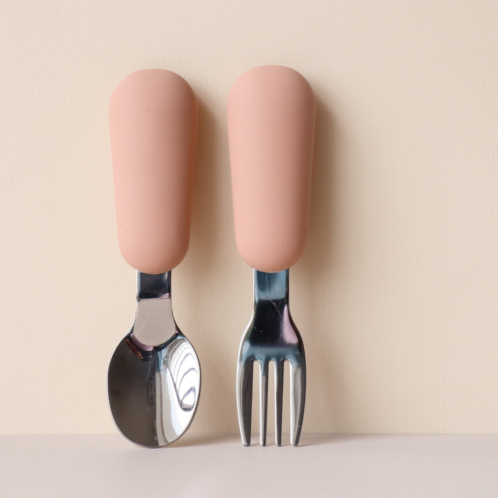 Metal Spoon And fork SIlicone baby weaning rose dust