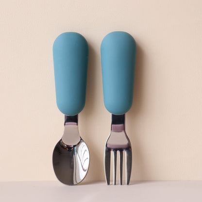 Metal Spoon And fork SIlicone cutllery set baby weaning Smoke Blue
